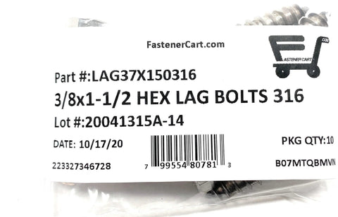 Beefy 316 Stainless Steel Hex Head Lag Bolts Marine Grade Lag Screws For Outdoor Decks Boats And Heavy Duty Marine Projects, 3/8 In By 1-1/2 In, 10 Piece Set In Resealable Bags package with label