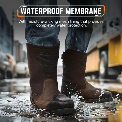 Motocross Inspired Steel Toe Work Boots For Men Waterproof Safety Boots in puddle, showing waterproof membrane and EH rating.