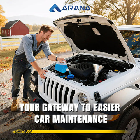 Man refilling car fluids with open hood, showcasing smooth hood operation, compatible with Hood Struts Kit For Toyota Tacoma 2005 2015.