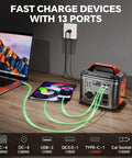 Heavy Duty 296Wh Portable Power Station With 13 Output Ports powering a laptop and tablet on a wooden table.