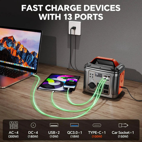 Heavy Duty 296Wh Portable Power Station With 13 Output Ports powering a laptop and tablet on a wooden table.