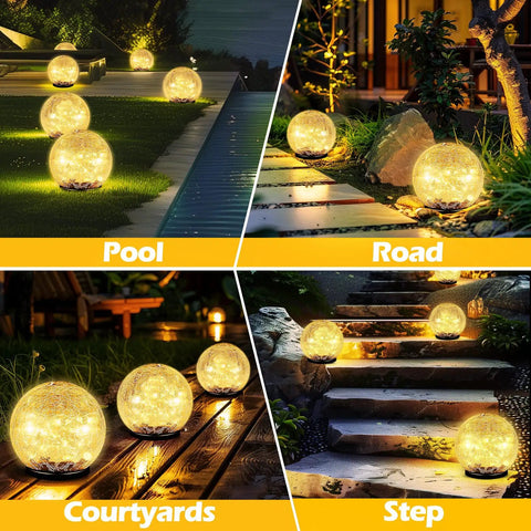 Outdoor Solar Globe Lights With 50 LED Crackled Glass Orbs Waterproof No Wiring Ground Lights illuminating paths and steps