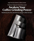 Single Dose Burr Coffee Grinder With 46Mm Conical Steel Burrs And 45 Micro Grind Steps For Smooth Espresso Shots Or Clean Pour Over, silver electric grinder design.