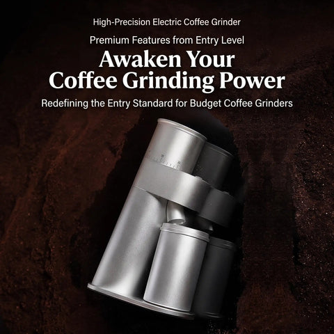 Single Dose Burr Coffee Grinder With 46Mm Conical Steel Burrs And 45 Micro Grind Steps For Smooth Espresso Shots Or Clean Pour Over, silver electric grinder design.