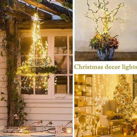 Solar Powered Fairy Lights Outdoor Waterproof 200 LEDs Copper Wire String Lights With 8 Modes Waterfall Style Firefly Vine Lights For Garden Trees Christmas Decor Dope Mom Gift hanging on garden vines and indoor pots.