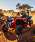 Off-road UTV with Side Shooter LED Light Bar Set 12 Inch Triple Row Spot Flood Combo Lights Two Pack on rugged trail