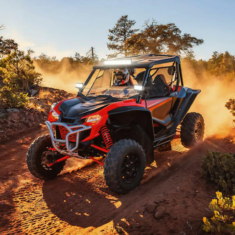 Off-road UTV with Side Shooter LED Light Bar Set 12 Inch Triple Row Spot Flood Combo Lights Two Pack on rugged trail