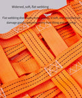 Close-up of heavy duty cargo hoisting net with flat polyester straps, showcasing non-slip grid weave for secure lifting.