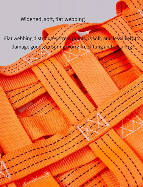 Close-up of heavy duty cargo hoisting net with flat polyester straps, showcasing non-slip grid weave for secure lifting.
