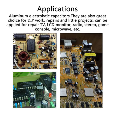 Applications of Must Have 460 Piece Capacitor Assortment Kit With 24 Values, circuit boards showing capacitors in use