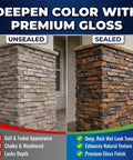 Comparison of unsealed and sealed stone pillar showcasing Slick Wet Look Stone Sealer Hella Durable Water Based Color Enhancer.