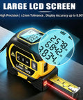 3-in-1 Laser Tape Measure with Cross Line Level,40m/131ft Laser Distance Meter,5m Auto-Lock Tape Measure,Digital Measuring Tool for Area/Volume/Pythagorean,ft/in/m Unit Switch–Yellow showing large LCD screen and laser feature.