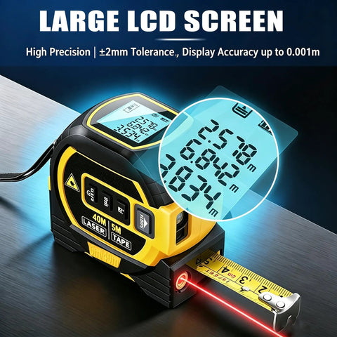 3-in-1 Laser Tape Measure with Cross Line Level,40m/131ft Laser Distance Meter,5m Auto-Lock Tape Measure,Digital Measuring Tool for Area/Volume/Pythagorean,ft/in/m Unit Switch–Yellow showing large LCD screen and laser feature.