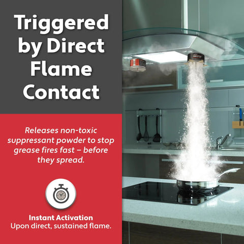 Automatic Fire Suppressor For Residential Kitchens, Direct Flame Activated, installed on four-burner stove suppressing fire.