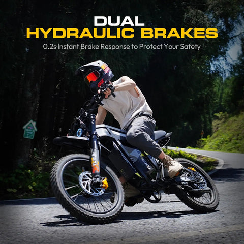Rider on Powerful 7000W Peak Electric Dirt Bike For Adults With 60V 30Ah Battery Off Road Beast showcasing dual hydraulic brakes