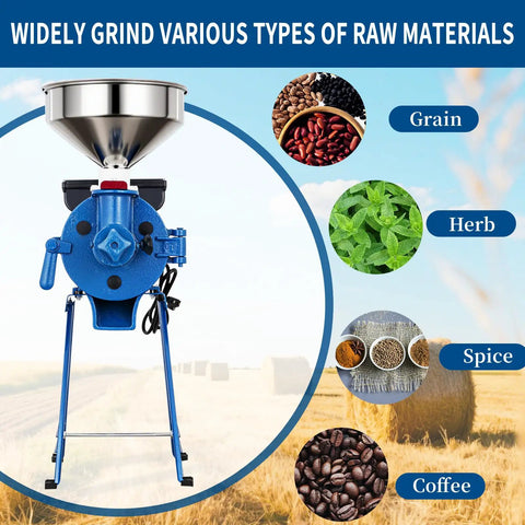 2 In 1 Dry And Wet Grain Mill Grinder Electric 110V with funnel for grinding grains, herbs, spices, coffee, and more in field view.