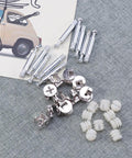 DIY Friendly Furniture Fastener Kit With Cam Lock Fittings And Bolt Dowels 24 Piece Set In White Iron And Nylon displayed on fabric surface