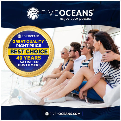 Group of people on a boat with Five Oceans logo and quality guarantee badge in the foreground.