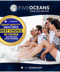 Group of people sitting on a boat, enjoying a sunny day, with a Five Oceans emblem highlighting great quality and 40 years of service.