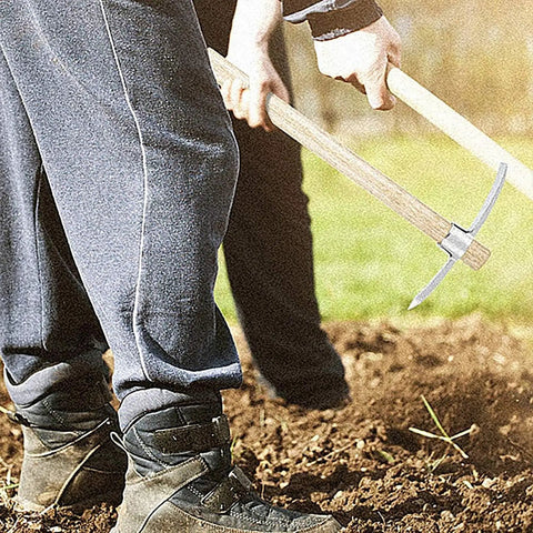 Person using Heavy Duty Stainless Steel Double Headed Pickaxe With Wooden Handle For Garden And Landscaping A True Yard Workhorse
