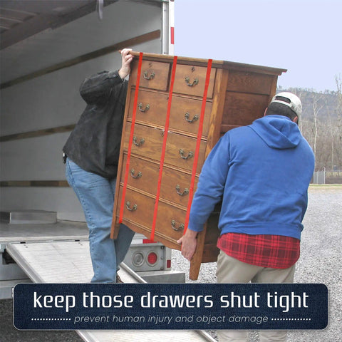 Two movers using 12 Pack Extra Large Moving Rubber Bands For Furniture And Blankets, Tough As Nails Heavy Duty Mover Bands