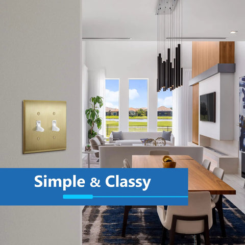 Living room with Toggle Light Switch Wall Plate 2 Gang Metal Cover In Stainless Steel With Brushed Brass Finish, 4.88 x 4.92 inches