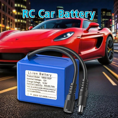 12V 6000mAh Rechargeable Lithium Ion Battery Pack With Charger For RC Cars Drones LED Lights CCTV Cameras Robotics DIY Electronics Long Lasting Power For Projects All Day Runtime against red sports car backdrop