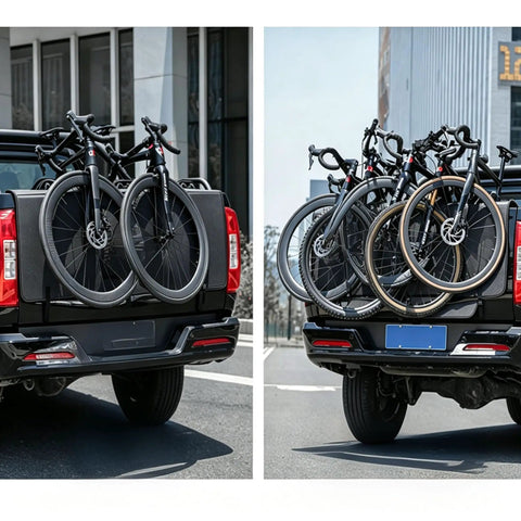 Premium Bike Tailgate Pad For Cybertruck featuring multiple bicycles secured on a truck bed, demonstrating heavy duty design.