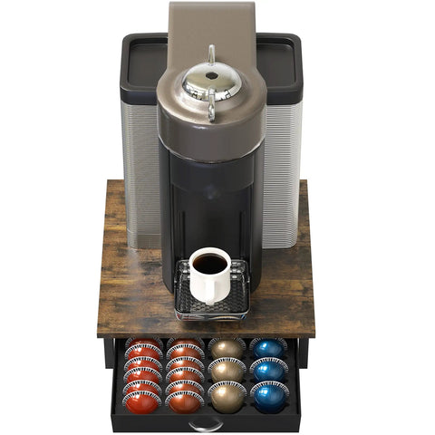 Top view of Vertuo Pod Drawer Organizer For Nespresso Capsules Sliding Coffee Pod Storage Cabinet Holds 24 Large Or 48 Small Vertuo Pods Rustic Brown Finish No Fuss Easy Access Keeps Your Kitchen Counter Clutter Free, with coffee machine placed on top.