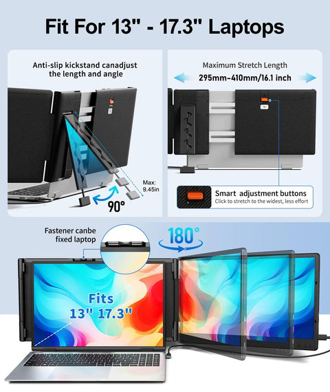 Dual Monitor Laptop Extender 14.2 Inch FHD 1080p Portable Monitor attached to a laptop, showing flexible adjustment for 13 to 17 inch laptops