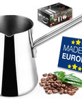 Go-To Turkish Coffee Pot Cezve Ibrik Briki Stainless Steel Stove Top Pot For Turkish Arabic Greek Brews Milk Warmer Chocolate Melting Pot With Spout Chai Pot 16.9 Oz (500 Ml) with packaging and 'Made in Europe' sign