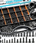 Knockout 2285 Piece Metric Screw Assortment Kit With M2 M3 M4 M5 Socket And Button Head Screws With Nuts And Washers Made Of Rock Solid 10.9 And 12.9 Grade Alloy Steel arranged in a storage box.