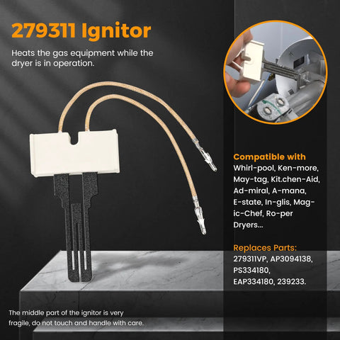 Gas Dryer Repair Kit With Igniter, Gas Valve Coil And Flame Sensor, Replacement Parts 279311 279834 338906, shown igniter detail