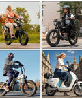 Various e-bikes and scooters on urban and park roads showcasing Tubeless 3.0-10 E-Bike Tire Kit With Valve Stem And Core Tool.