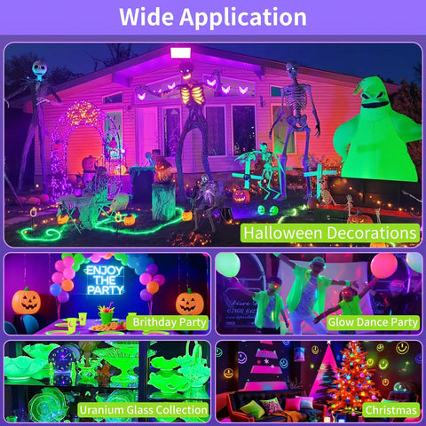100W LED Black Light Flood Light 2 Pack Totally Lit Ultra Bright UV Glow for Halloween parties and decorations.