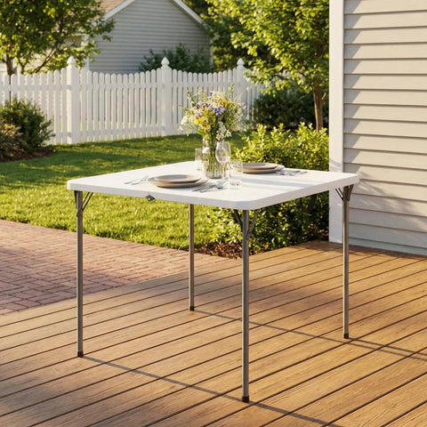 34 Inch Square Folding Table For Four With 330 Lbs Capacity Built Tough HDPE Top And Heavy Duty Steel Legs For Portable Indoor Outdoor Parties Camping White
