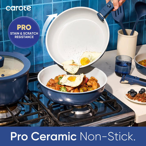 27 Piece Ceramic Nonstick Cookware Set With Detachable Handles featuring blue pan with fried eggs over vegetables on stove.