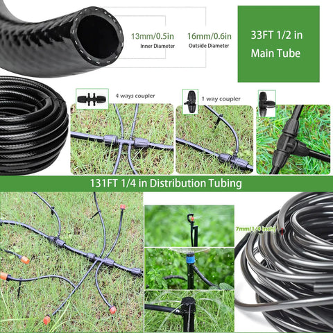 Automatic Drip Irrigation Kit For Garden With 5 Sprayers And Quarter Inch And Half Inch Tubing layout and components