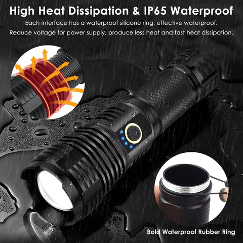 Image showing Beefy 2000 Lumen Rechargeable Tactical Flashlight With 10 Modes Waterproof LED Beam Up To 1000m 2025 Upgrade XHP70 with heat dissipation and waterproof features.