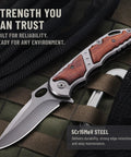 Everyday Carry Folding Knife For Men With 5Cr15MoV Stainless Steel Blade And Wood Handle laying on a tactical backpack.