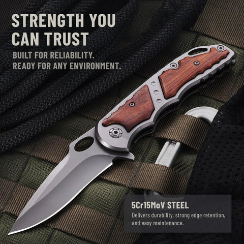 Everyday Carry Folding Knife For Men With 5Cr15MoV Stainless Steel Blade And Wood Handle laying on a tactical backpack.