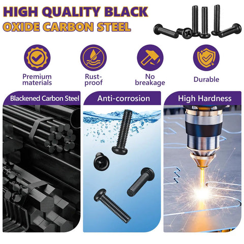Image showing 163 Piece M4 Pan Head Machine Screws Kit Black High Hardness Carbon Steel with anti-corrosion features.