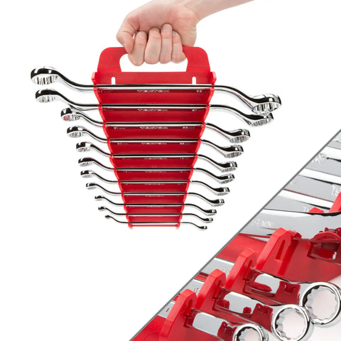 Person holding 11 Piece 45 Degree Offset Box End Wrench Set With Holder Spanning 6 To 32 Millimeter Sizes For Tight Spots Auto Work and Repairs
