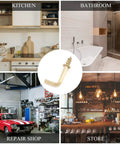 Use of Gold L Shaped Screw Hooks Half Inch Self Tapping in various spaces like kitchen, bathroom, repair shop, and store.