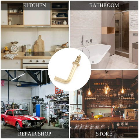 Use of Gold L Shaped Screw Hooks Half Inch Self Tapping in various spaces like kitchen, bathroom, repair shop, and store.