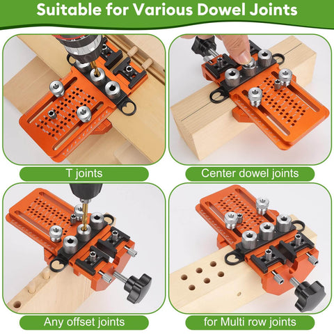 Adjustable Dowel Jig Kit With Quick Positive Stop And Clamp For Precision Woodworking, shown in various joint setups.