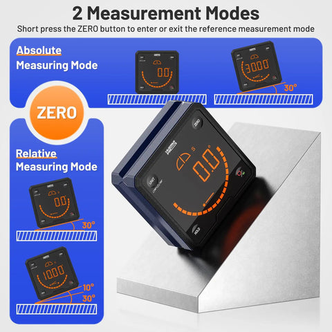 Built Tough Digital Angle Gauge And Bevel Finder With Rock Solid Magnetic Base and Bright Backlit Screen showing measurement modes.