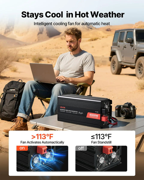 Beefy 4000W Power Inverter Converts 12V DC To 120V AC Modified Sine Wave for RV truck in desert with laptop.