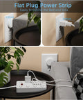 Flat Plug Power Strip With USB Charging Ports, 8 Widely Spaced Outlets And 6 USB Ports Including 1 USB C Port, 5 Foot Extension Cord, Desk Charging Station For Home Office And Gaming Setups, White on bedside table