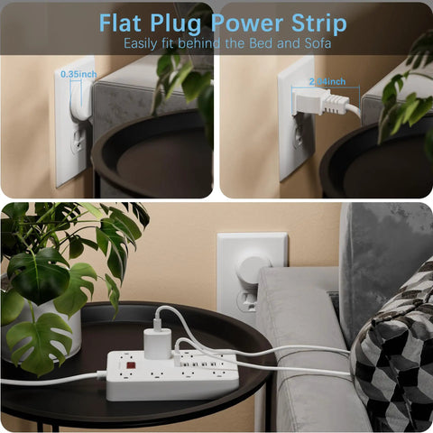 Flat Plug Power Strip With USB Charging Ports, 8 Widely Spaced Outlets And 6 USB Ports Including 1 USB C Port, 5 Foot Extension Cord, Desk Charging Station For Home Office And Gaming Setups, White on bedside table